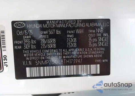 2026 Hyundai Santa Fe Sel z USA, uszkodzony, nr VIN 5NMP2DGL8TH173947